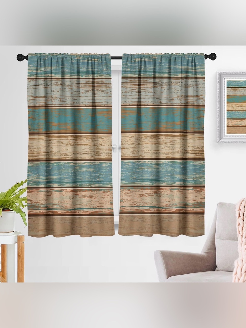 Striped Rustic Teal and Brown Window Curtains